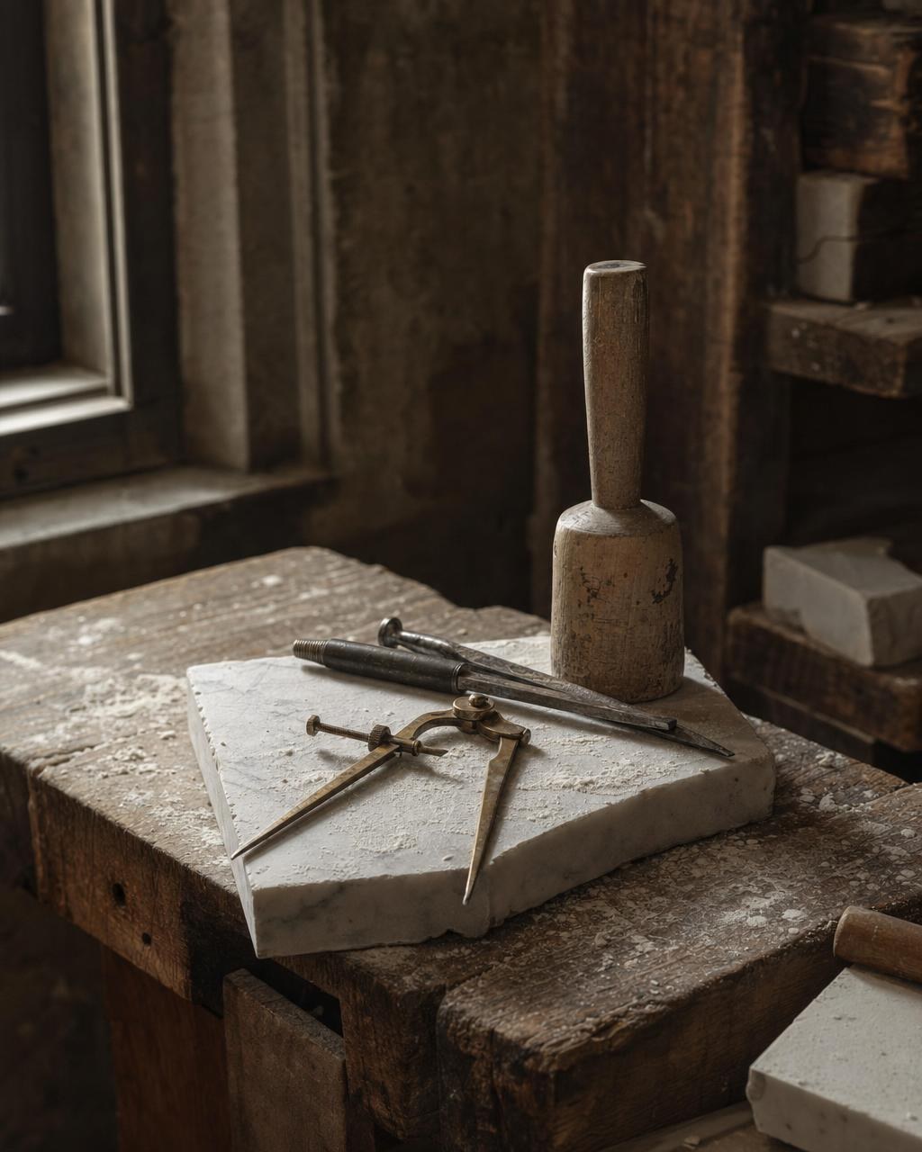 Stone-working hand tools dusted with marble powder on a worn oak workbench
