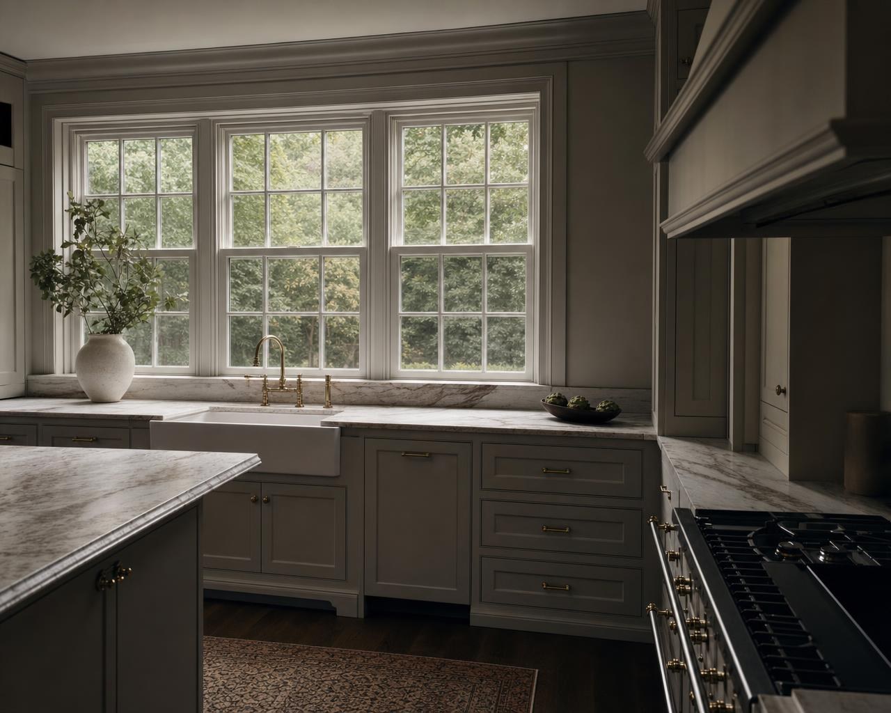 Fantasy Brown marble counters in a transitional kitchen with garden window