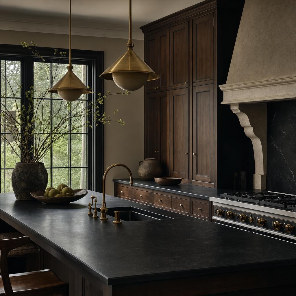 Honed absolute black granite counters with walnut cabinetry
