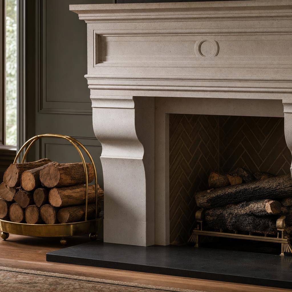 Carved French limestone mantle with honed black granite hearth