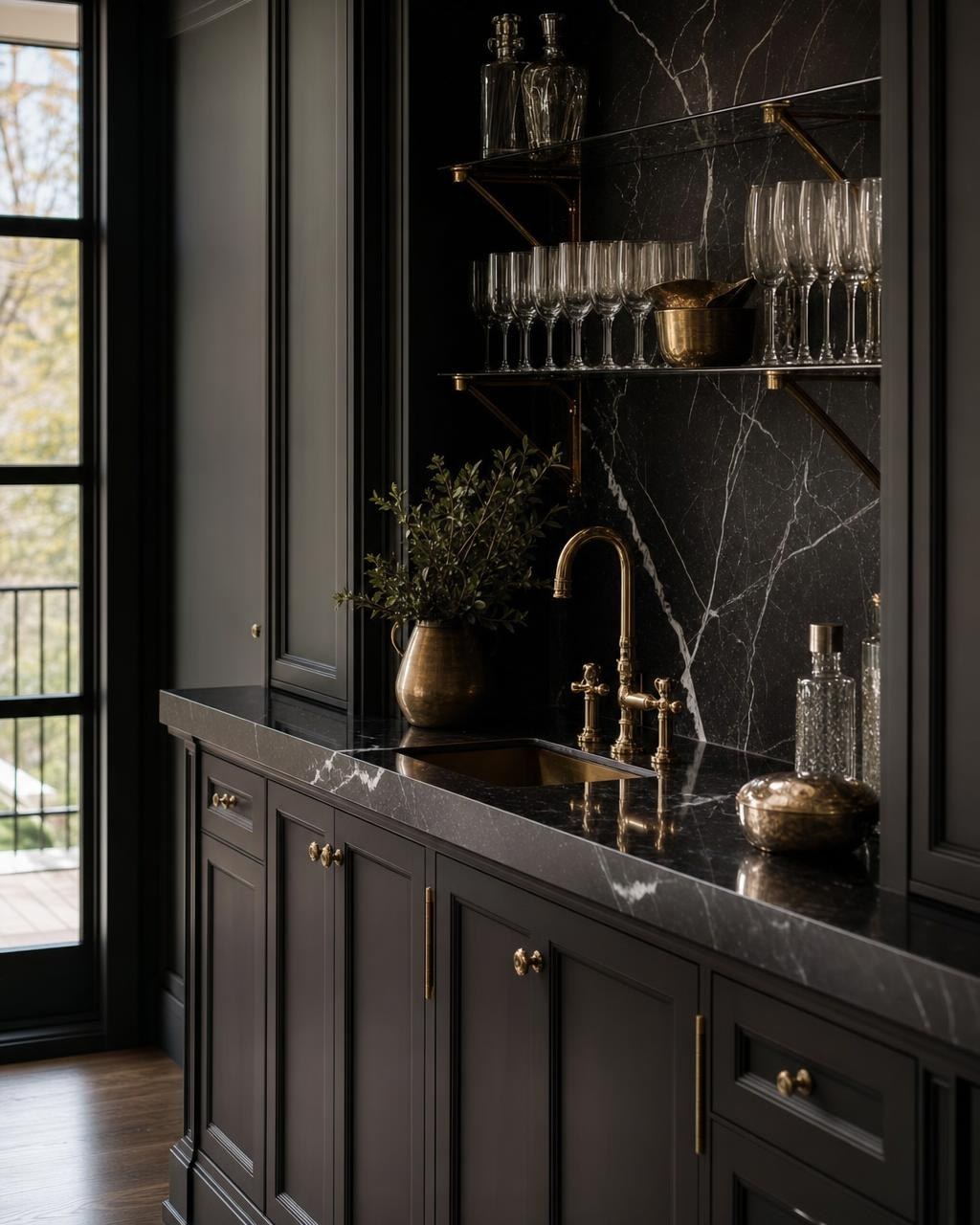 Nero Marquina black marble wet bar with brass shelving