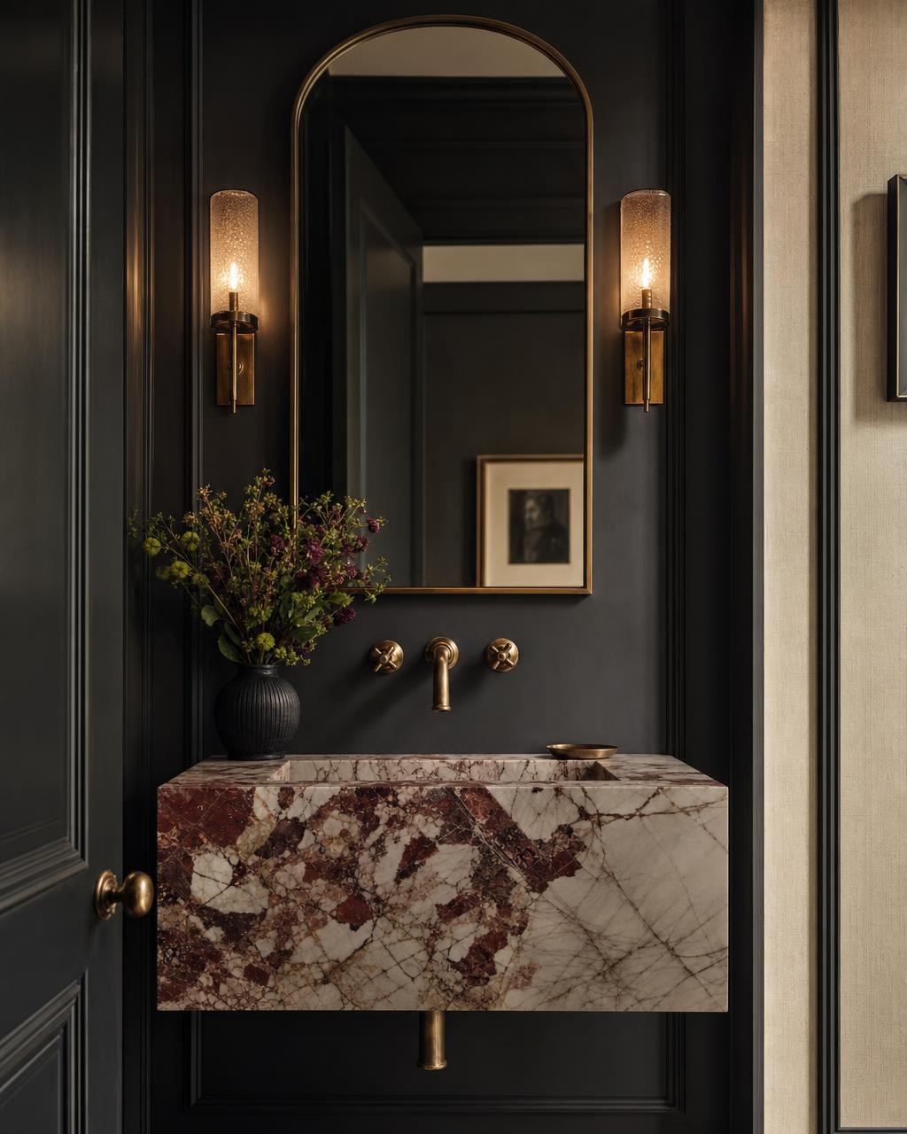 Powder room floating vanity in a dramatic rose-veined marble remnant