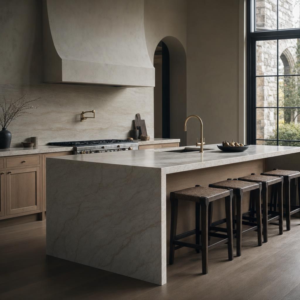 Taj Mahal quartzite waterfall island with rift oak cabinets