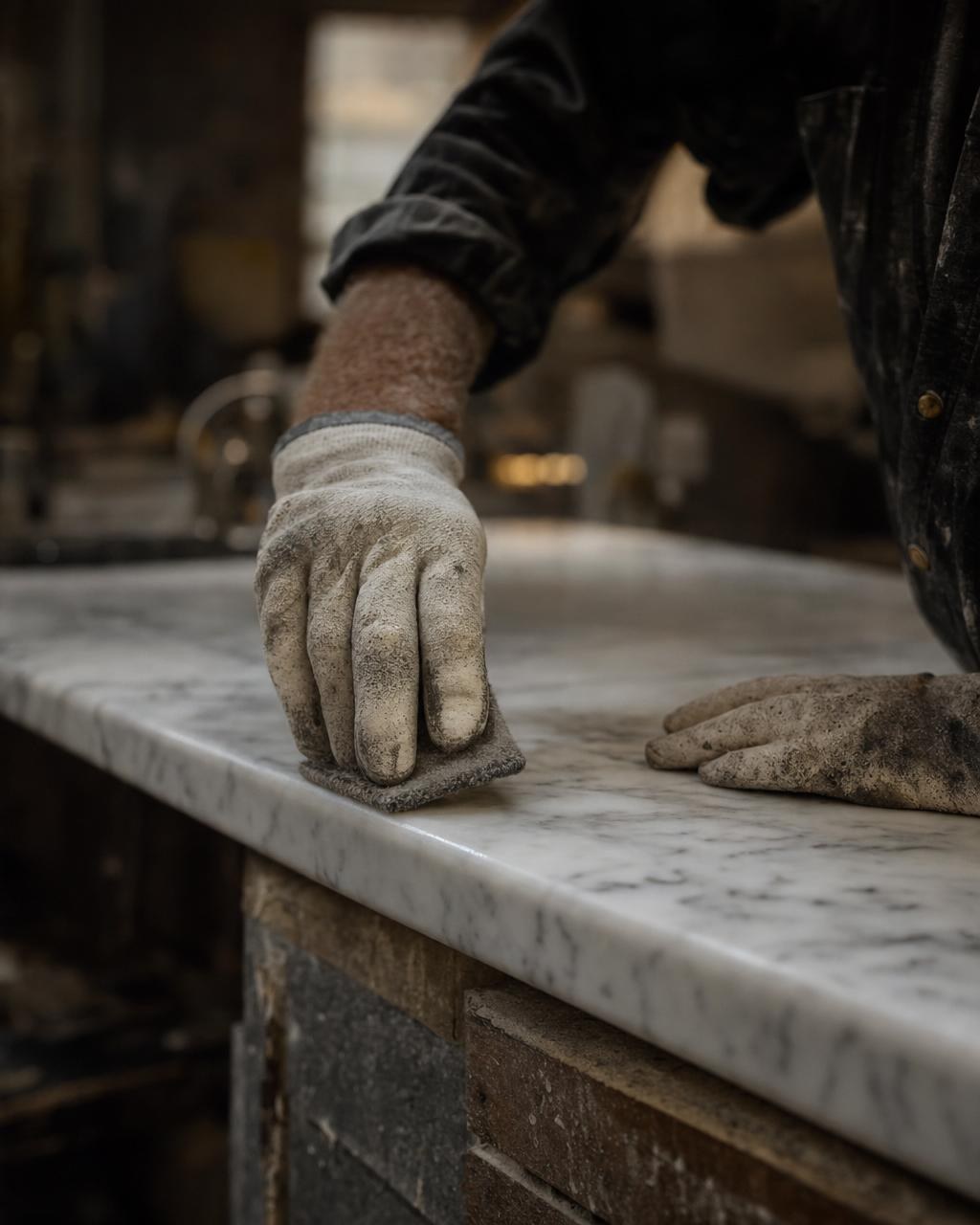 A craftsman’s hands polishing the eased edge of a Carrara marble countertop